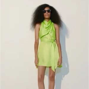 Karen Millen Lime Satin Draped Mini Dress